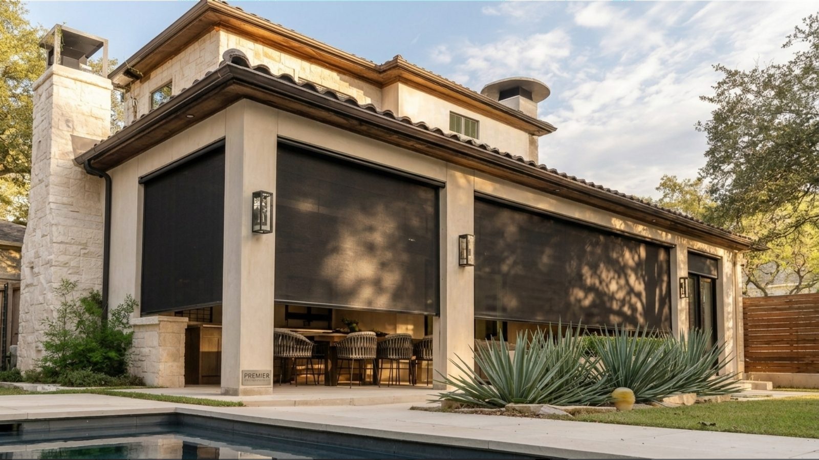 Colleyville home with motorized exterior patio shade installed across the back patio