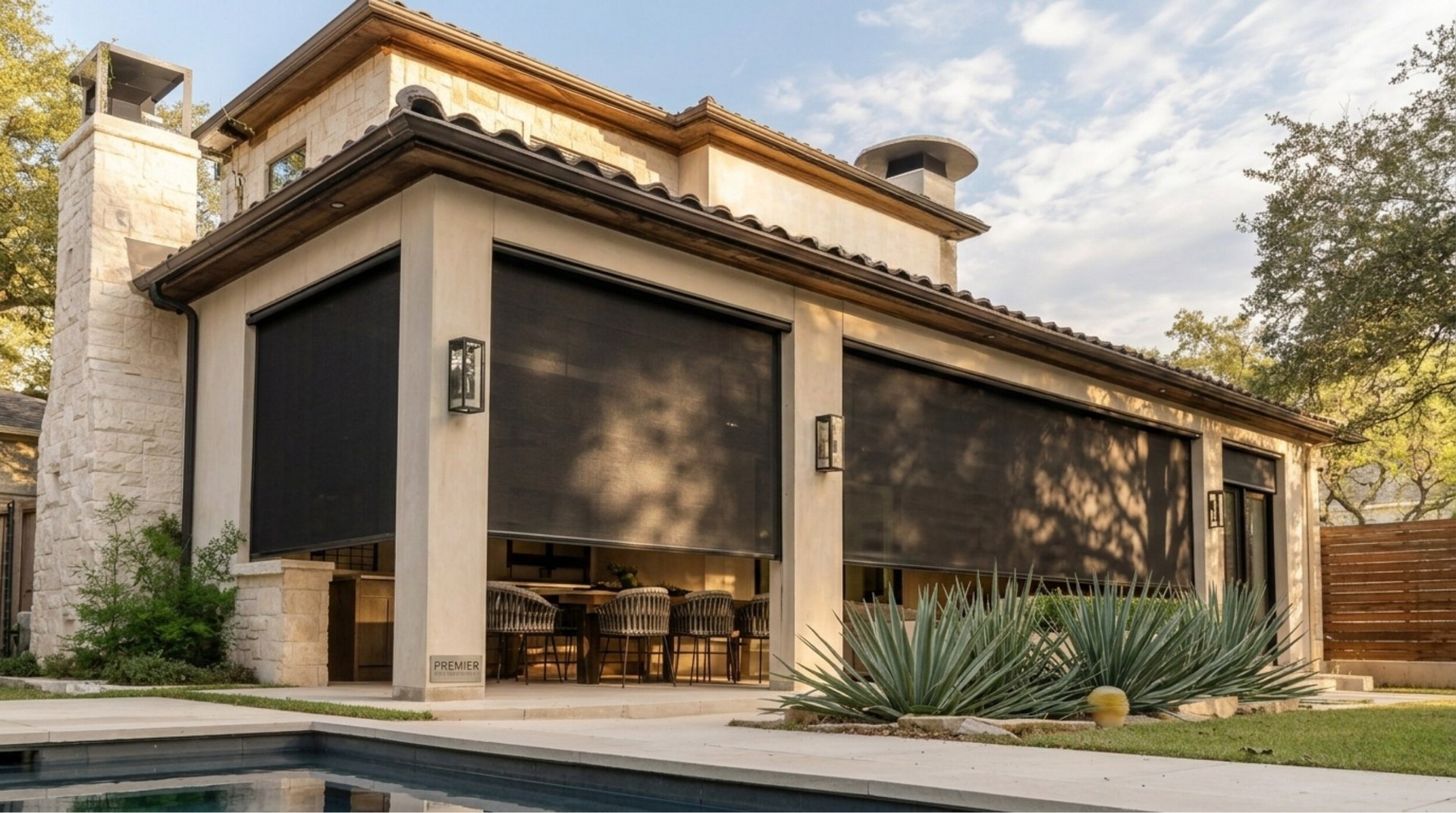 Motorized SunPro patio shades partially deployed across a south-facing covered patio on a Mediterranean-style Colleyville home in midday Texas sun