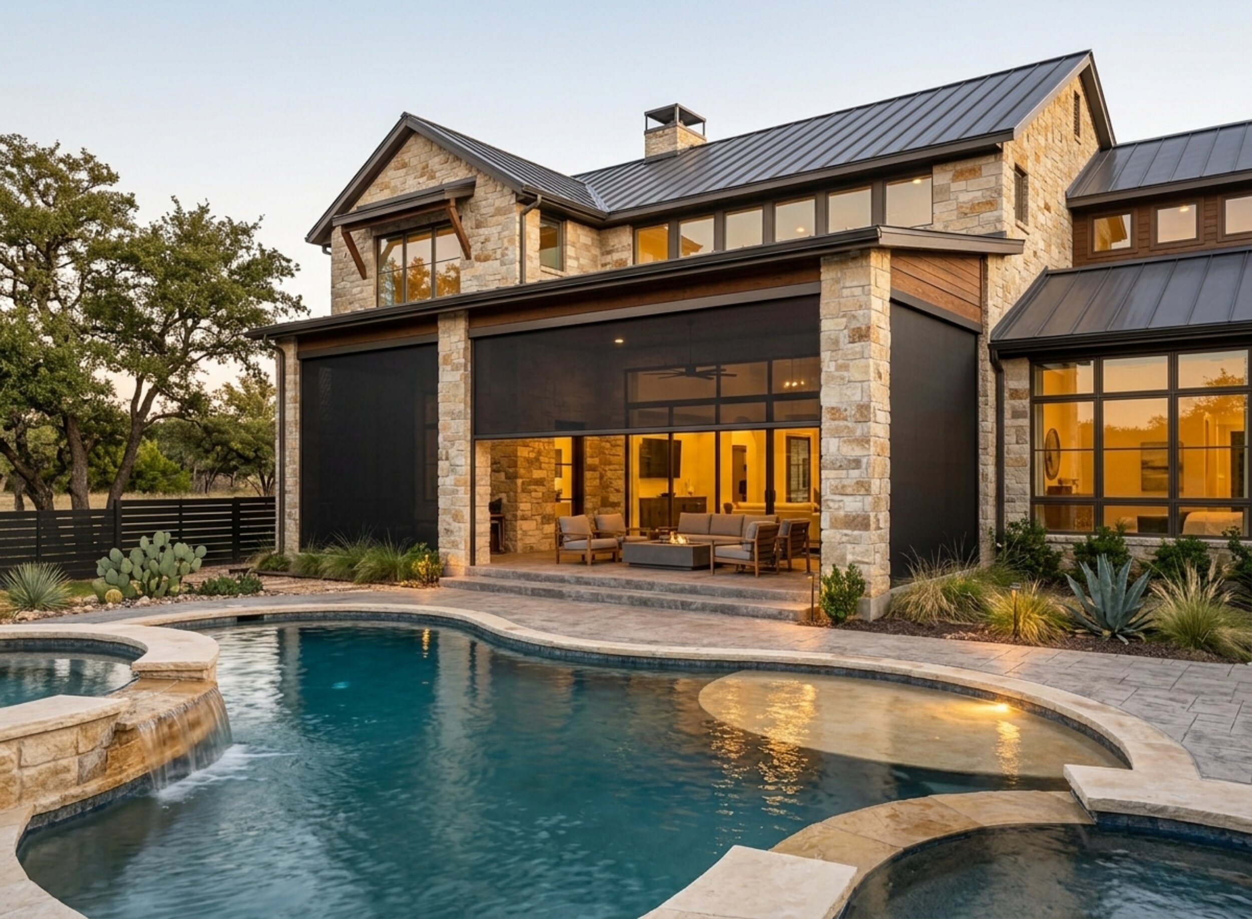 Motorized patio shades deployed at golden hour over a Fort Worth backyard with patio furniture