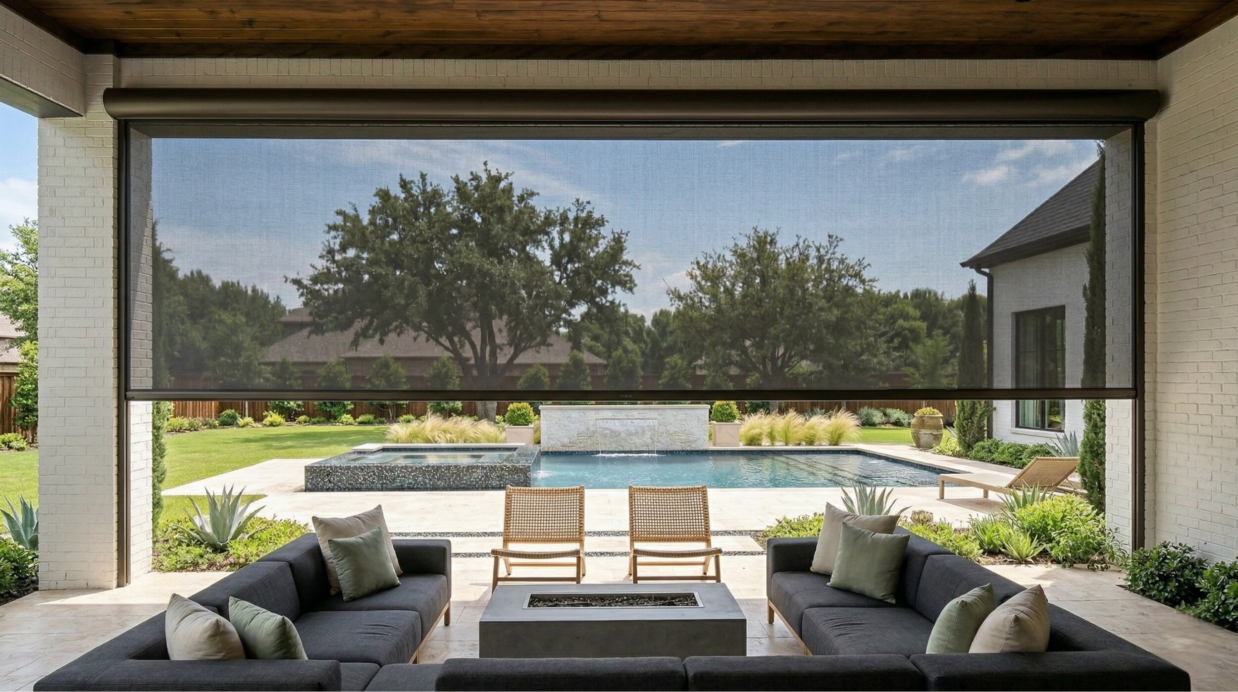 Motorized patio shade deployed across a covered Southlake patio with a pool and lounge seating in the afternoon sun