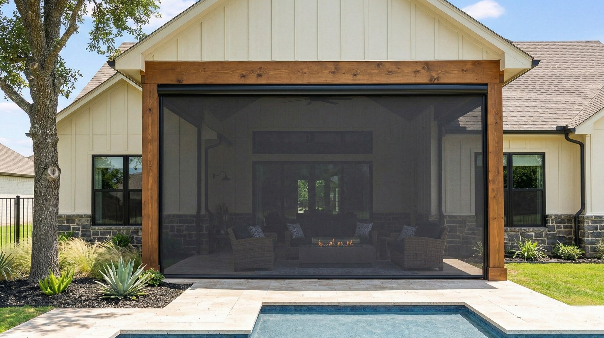 Motorized SunPro pergola patio shades deployed over a residential pergola in Trophy Club, Texas, blocking the late afternoon Texas sun
