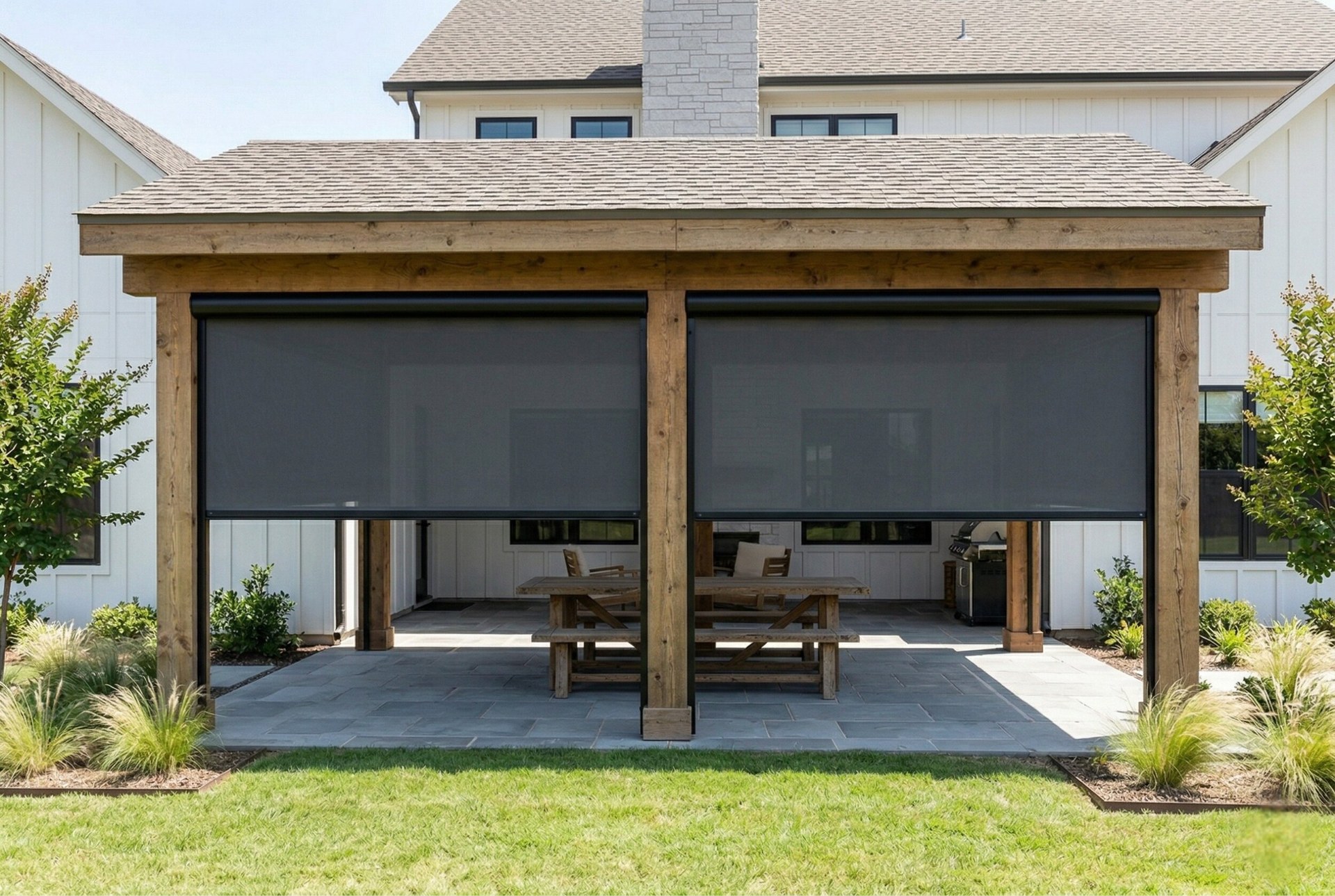 Motorized patio shades deployed on farmhouse in Argyle Texas
