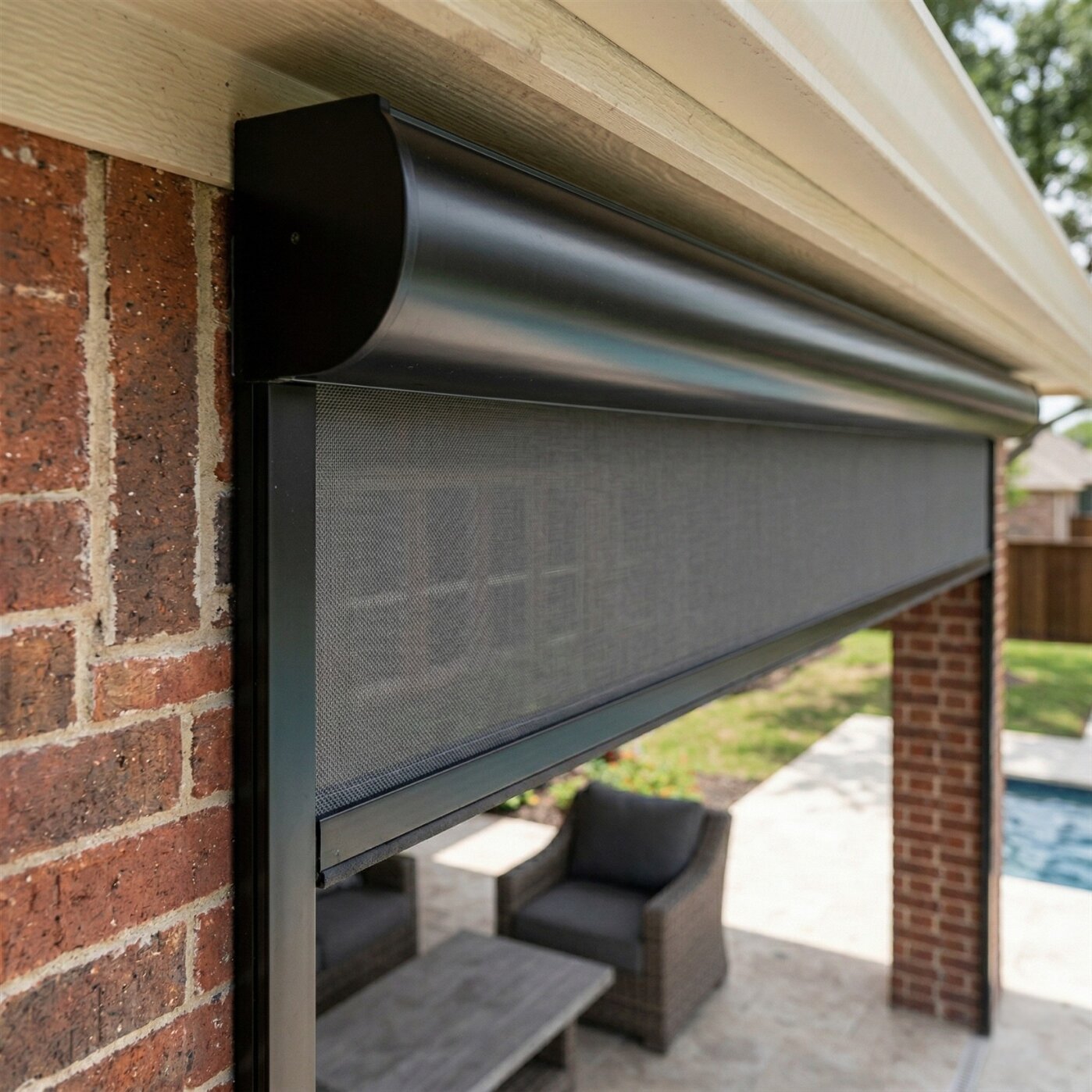 Close-up of patio shade housing on brick home in Benbrook Texas