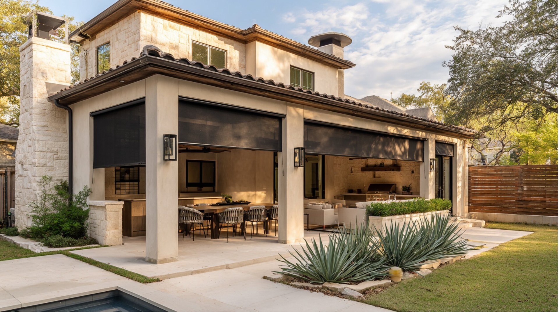 Motorized shades deployed on Mediterranean home in Colleyville Texas
