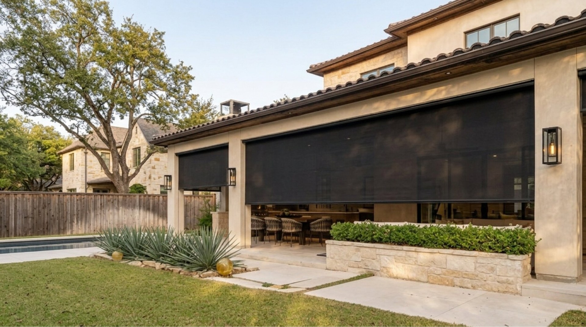 Side view of motorized patio shades on Mediterranean home in Colleyville Texas
