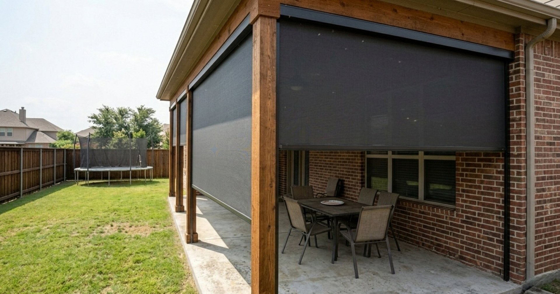 Close view of automated patio shade on porch in Denton Texas
