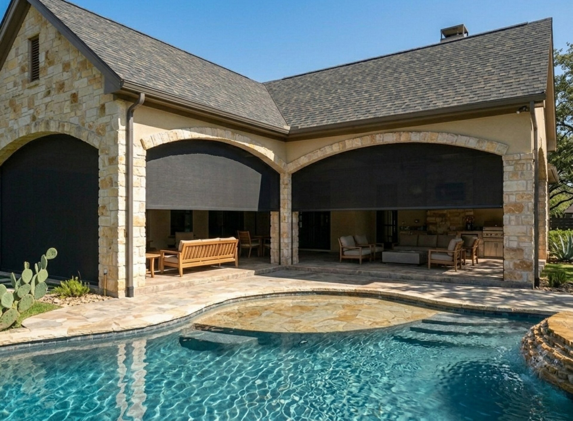 Arched patio shades with pool and hot tub in Flower Mound Texas