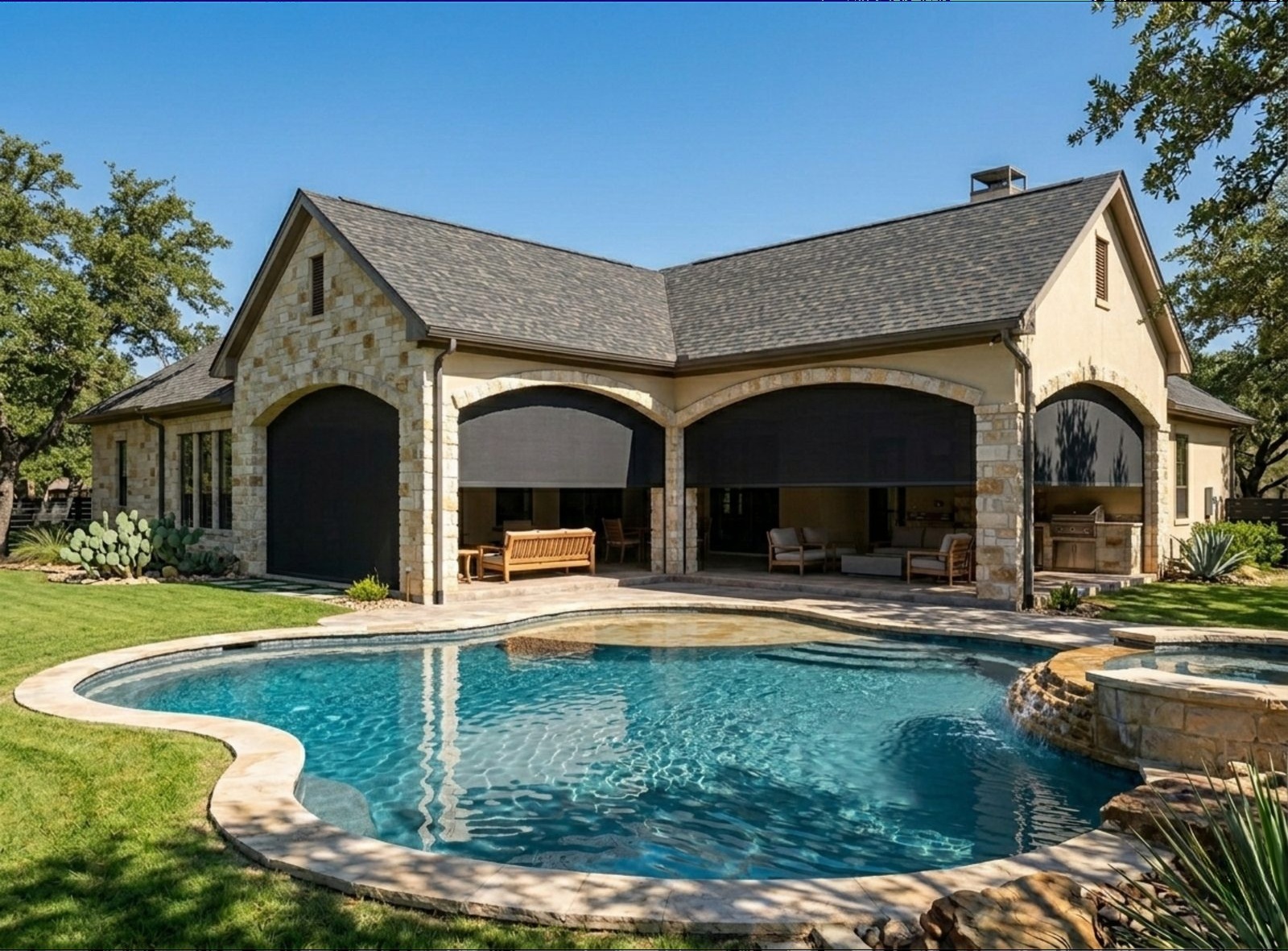 Wide view of arched patio shades with pool in Flower Mound Texas