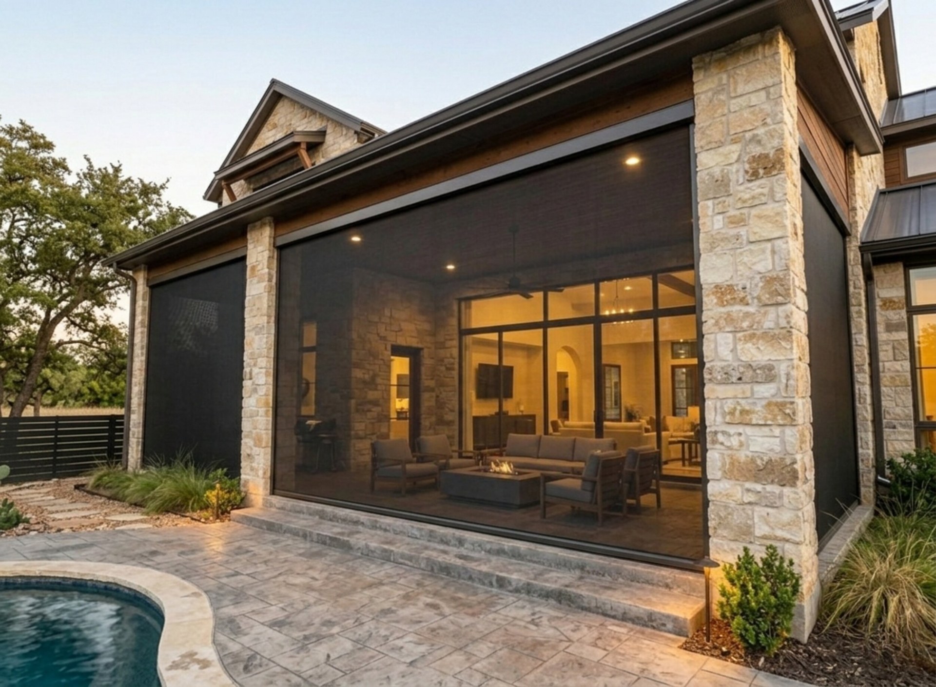 Motorized patio shade with fire pit in Benbrook area