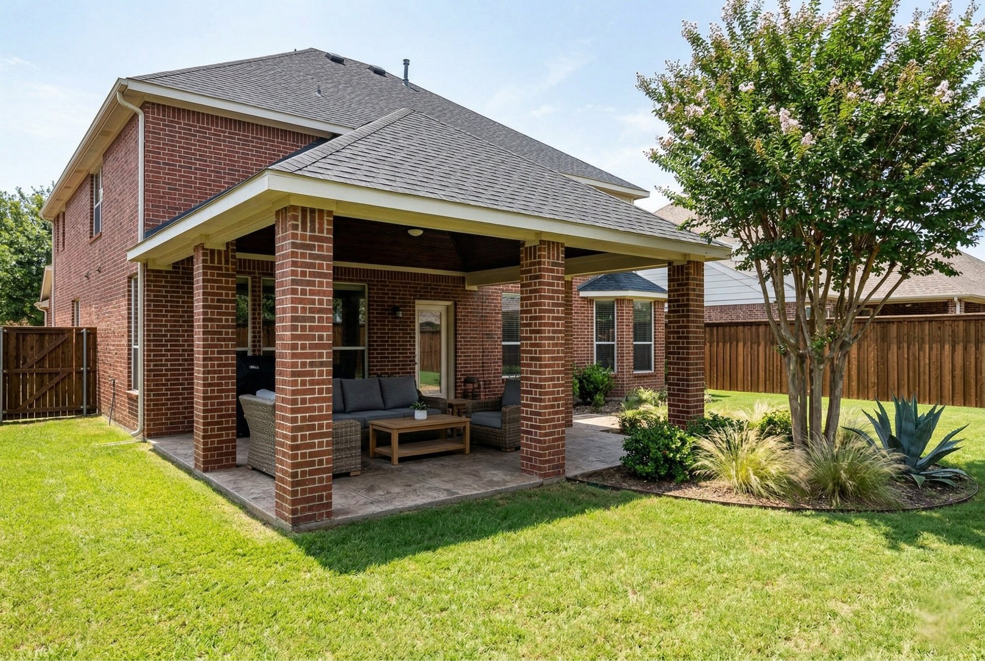 Covered patio before shade installation on brick home in Keller Texas