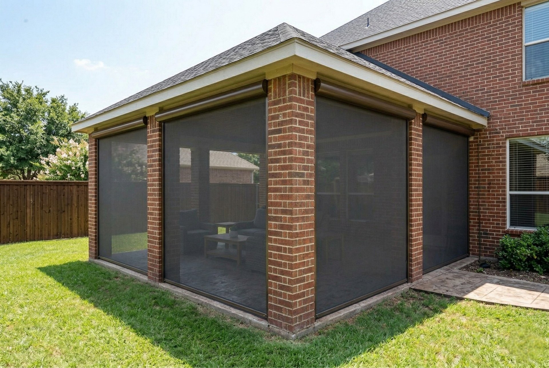 Corner view of motorized patio shades on brick home in Keller Texas