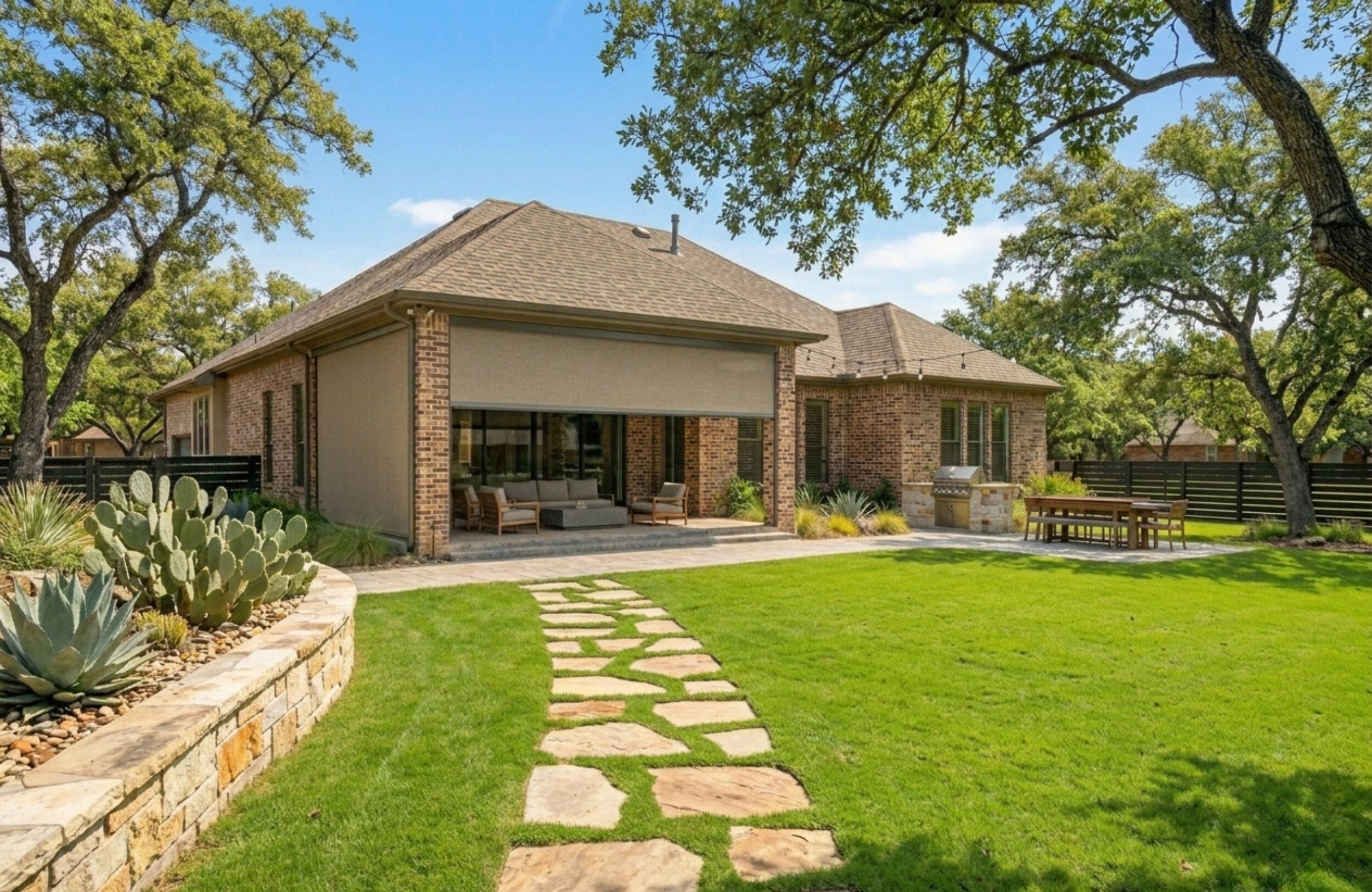 Patio shades deployed on brick ranch home in Stephenville Texas