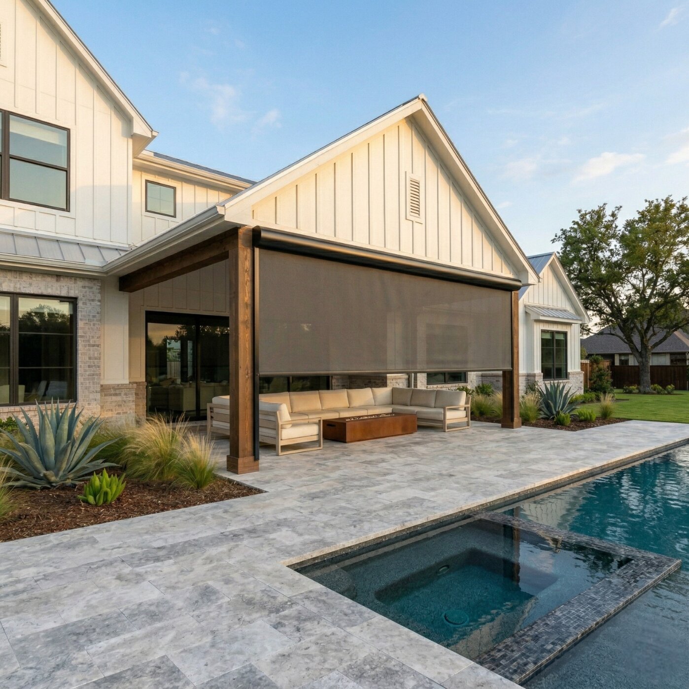 Front view of motorized patio shade by pool in Westlake Texas