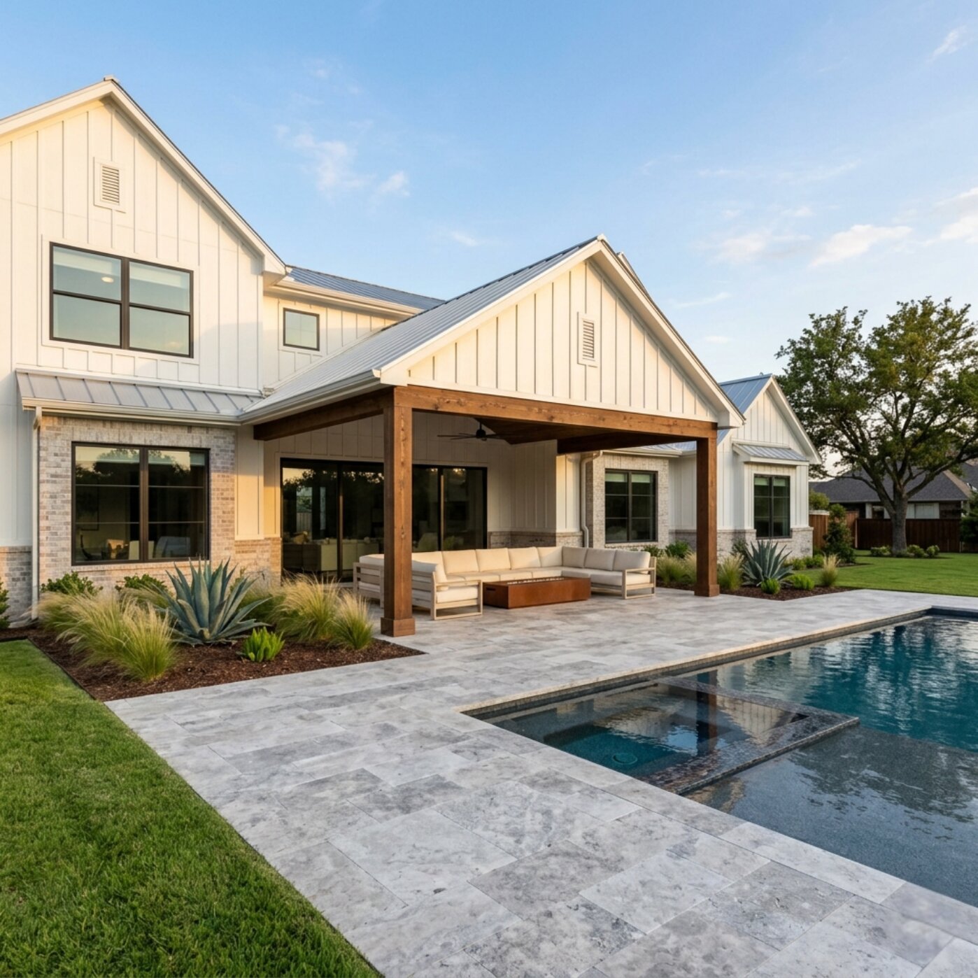 Motorized patio shades deployed by pool at modern farmhouse in Westlake Texas