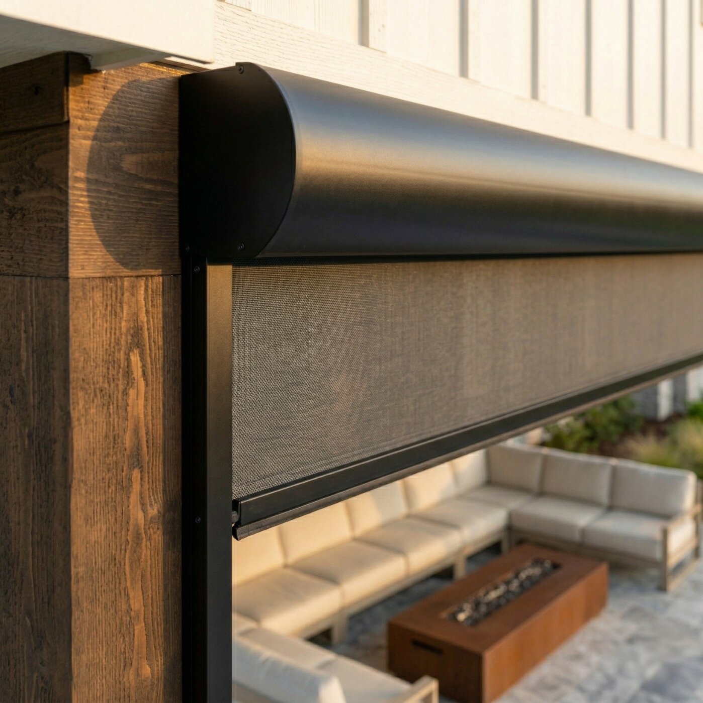 Close-up of patio shade housing and roller mechanism in Westlake Texas