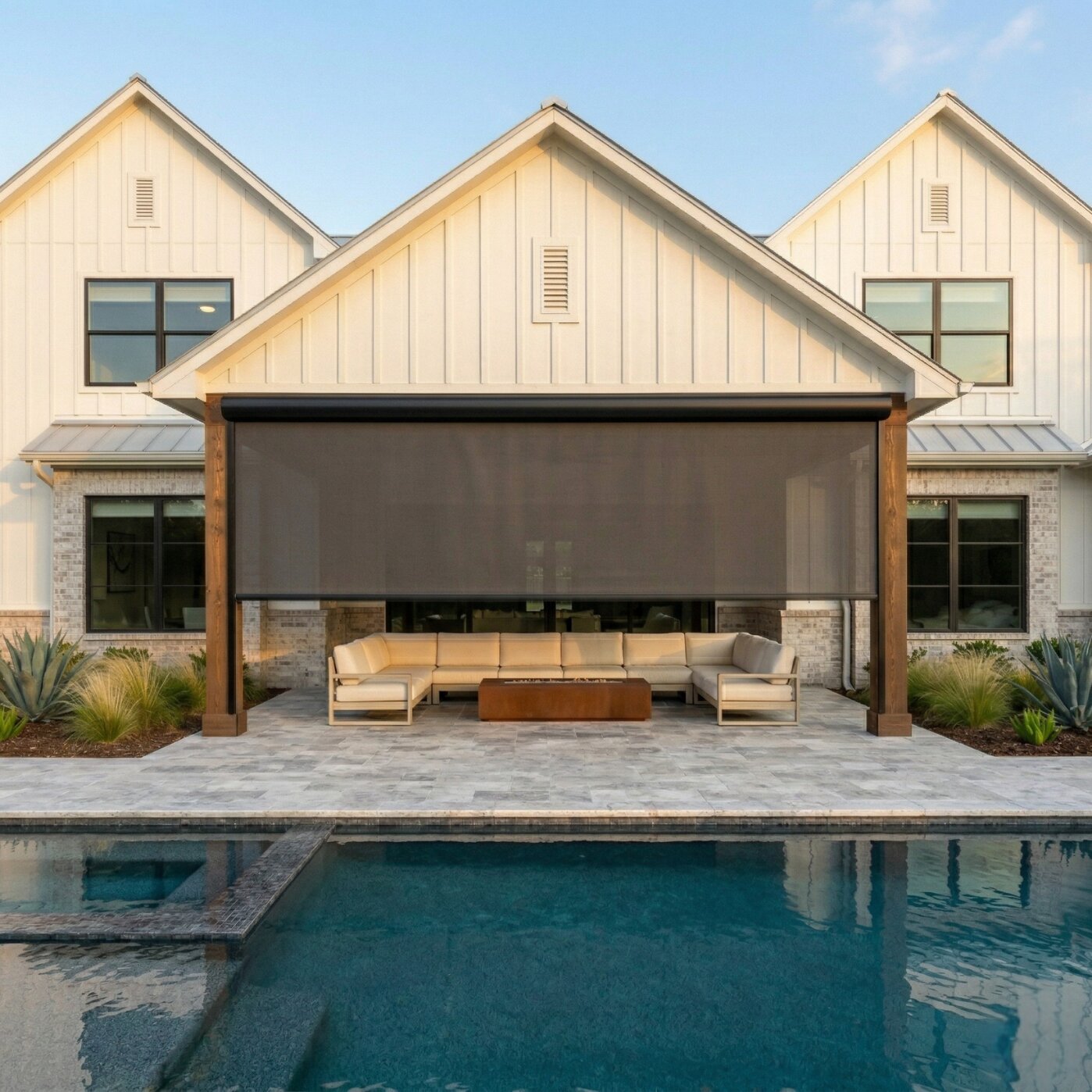 Modern farmhouse poolside patio before shade installation in Westlake Texas